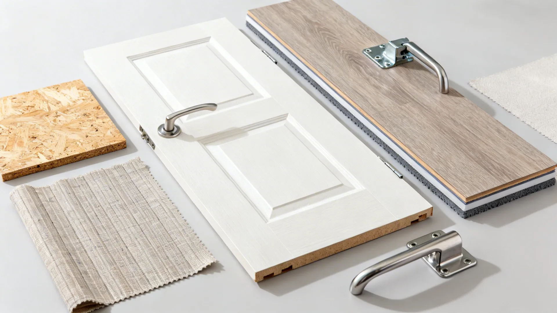 Flatlay of HMR board, matte laminate, hybrid flooring, and marine-grade hardware for coastal kitchens.