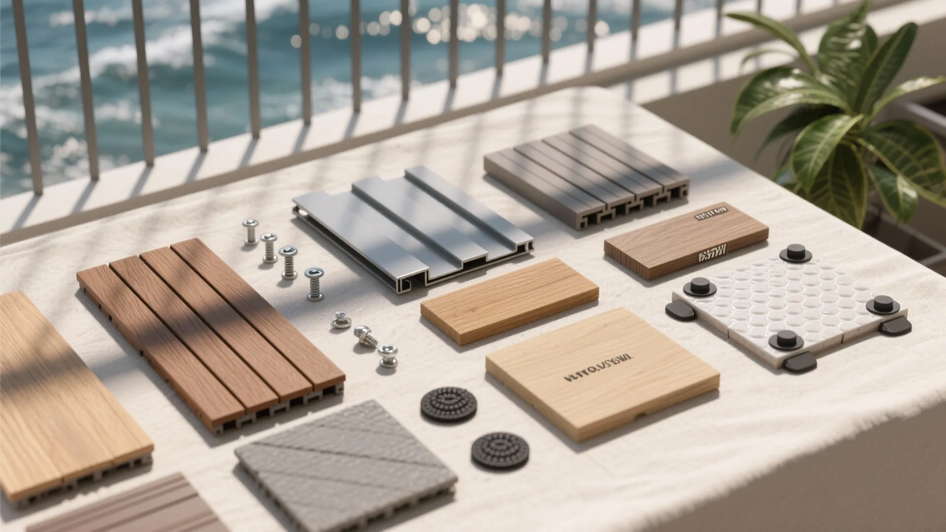 Flat lay of powder-coated aluminum, 316 stainless hardware, composite decking, and textured porcelain tiles.
