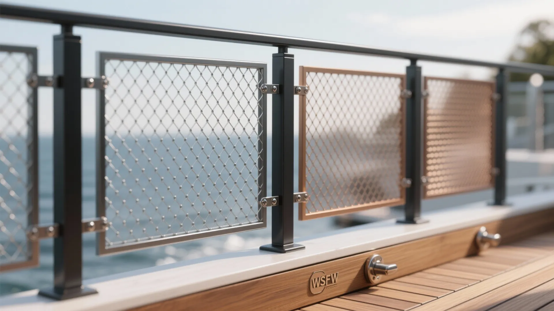 Modern outdoor railing with metal mesh panels and wood floor near the blue ocean water