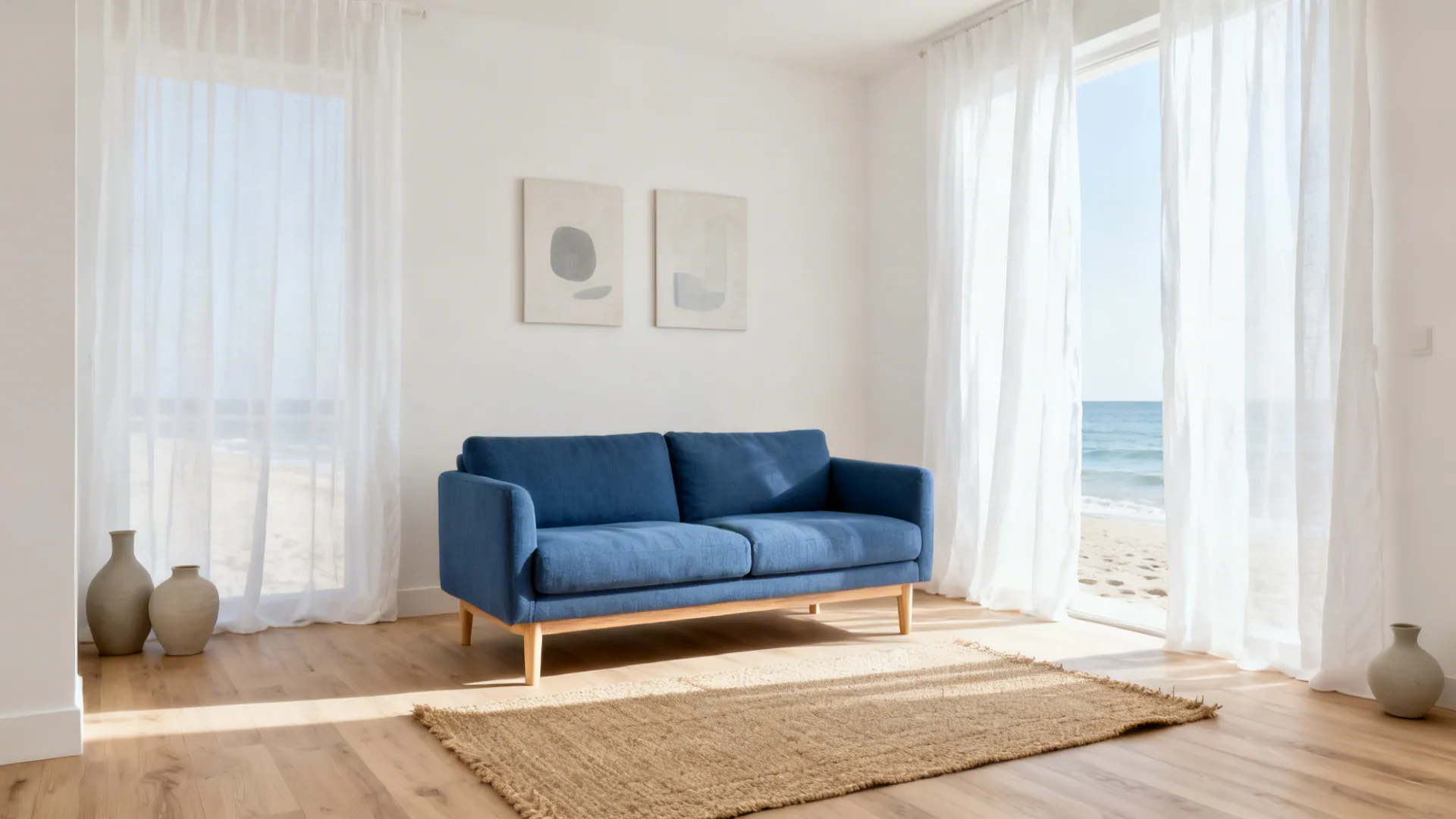 Mid-blue sofa with linen curtains and jute rug in a minimalist coastal living room.