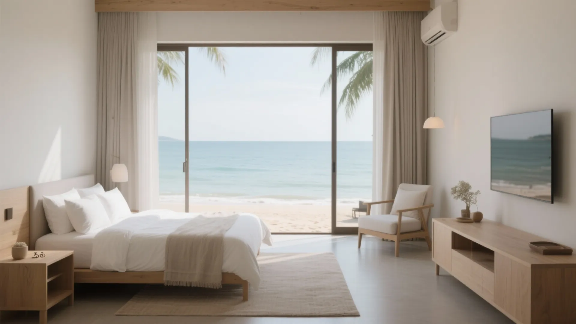 Minimalist beach resort bedroom with white walls and wooden cabinet facing the sandy tropical beach