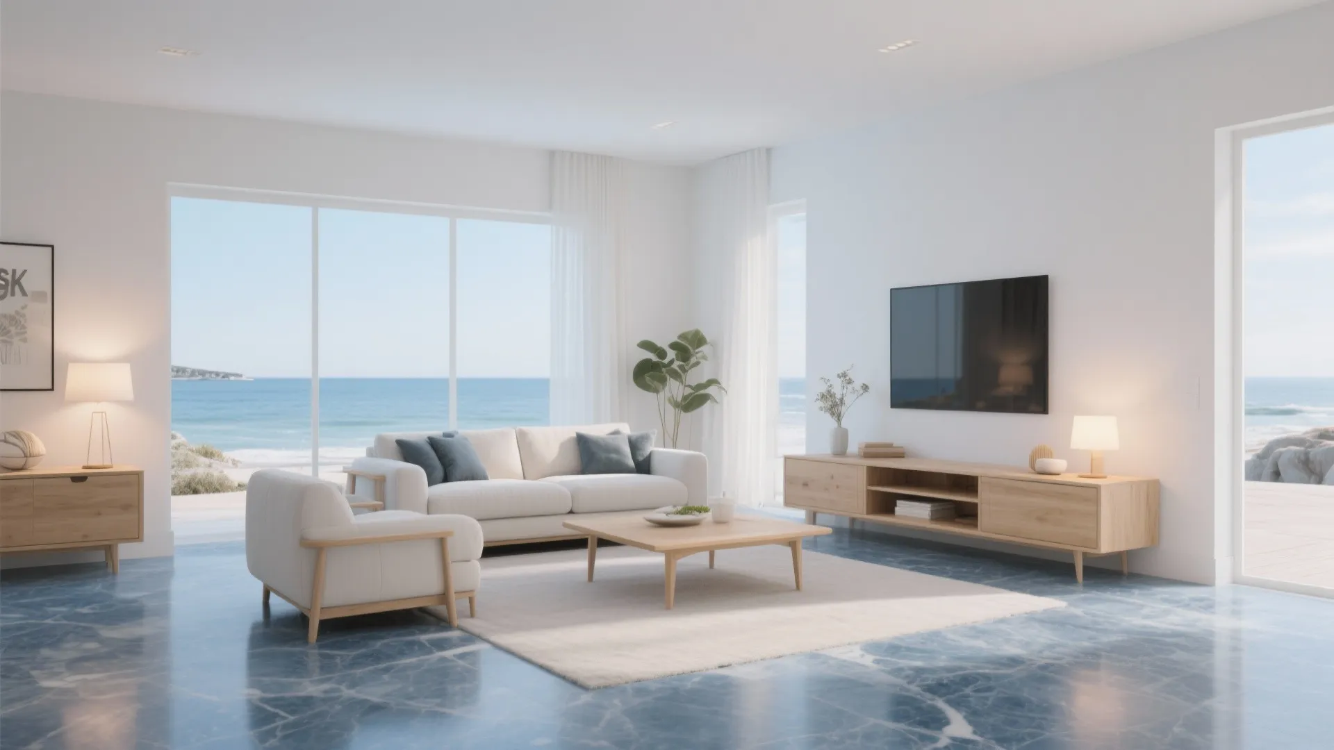 Bright living room with ocean view white sofa wood cabinet blue marble floor and plants