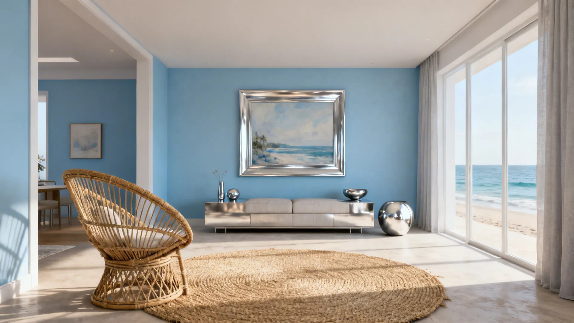 5. Coastal Minimalism: Sky Blue + Silver + Natural Fibers
