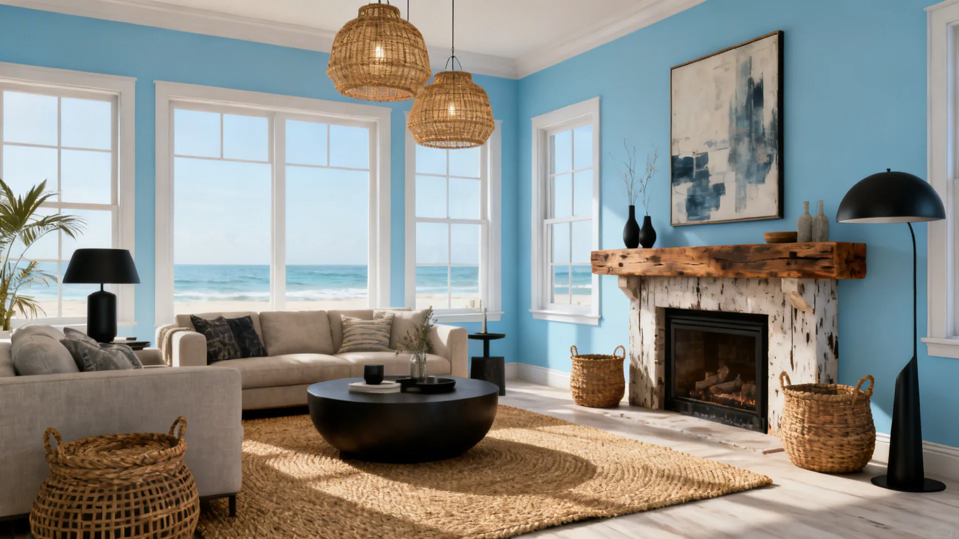 Coastal-modern living room with sky blue walls, rattan lighting and textured brown accents