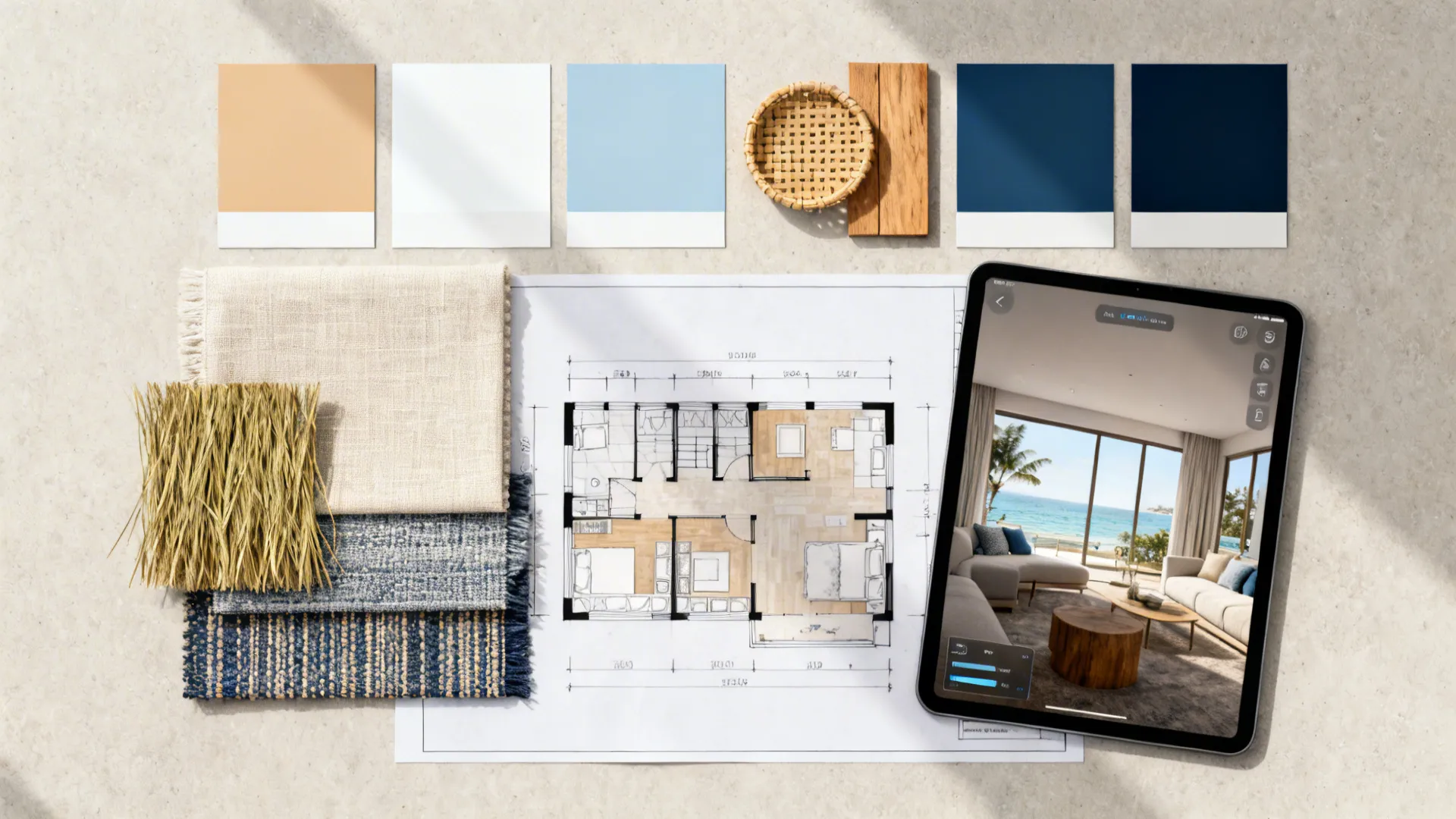 Flatlay moodboard with coastal paint swatches, fabric samples, rattan and floorplanner sketches.
