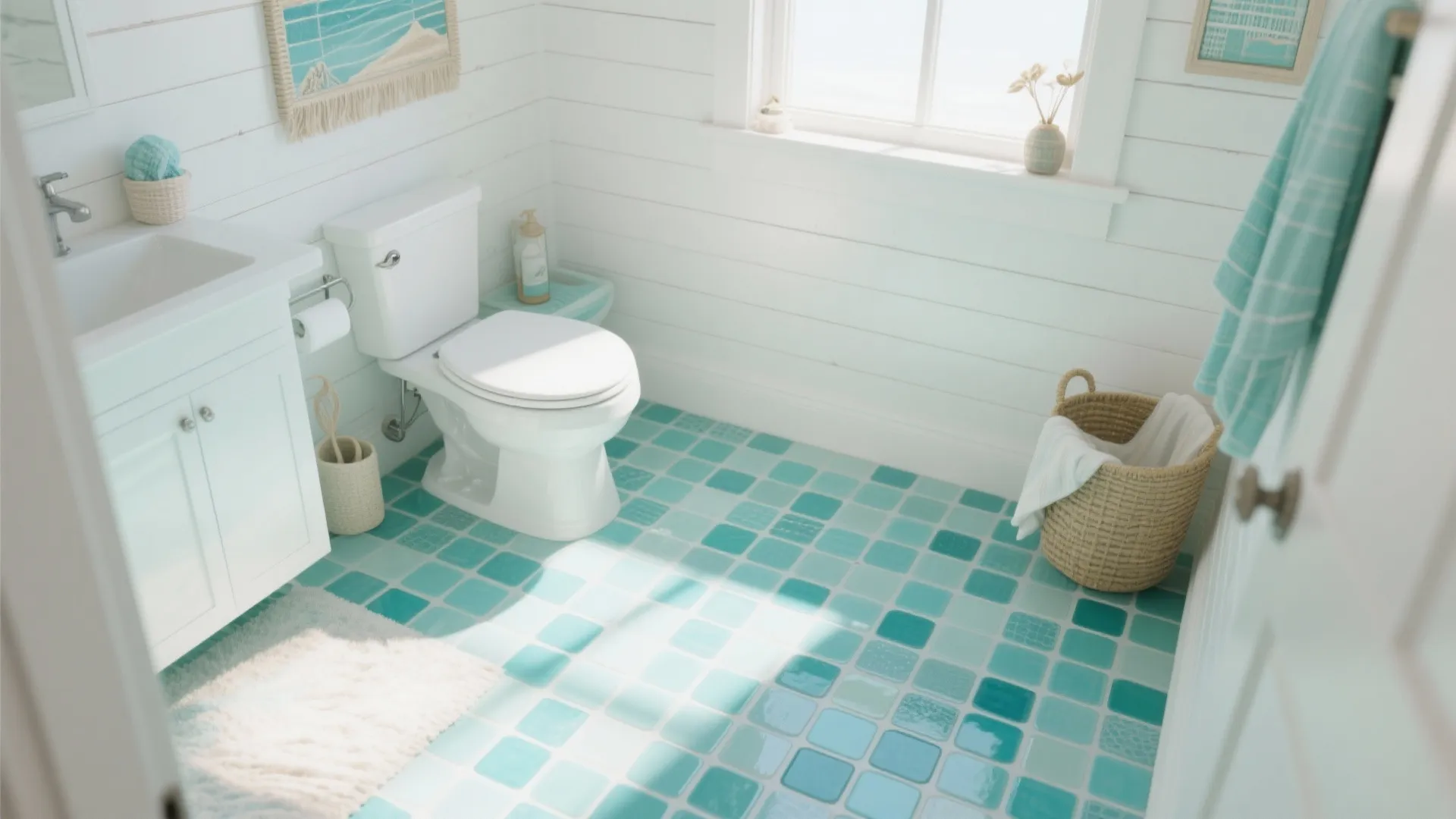 Coastal bathroom design with turquoise square floor tiles white toilet wooden basket and white walls