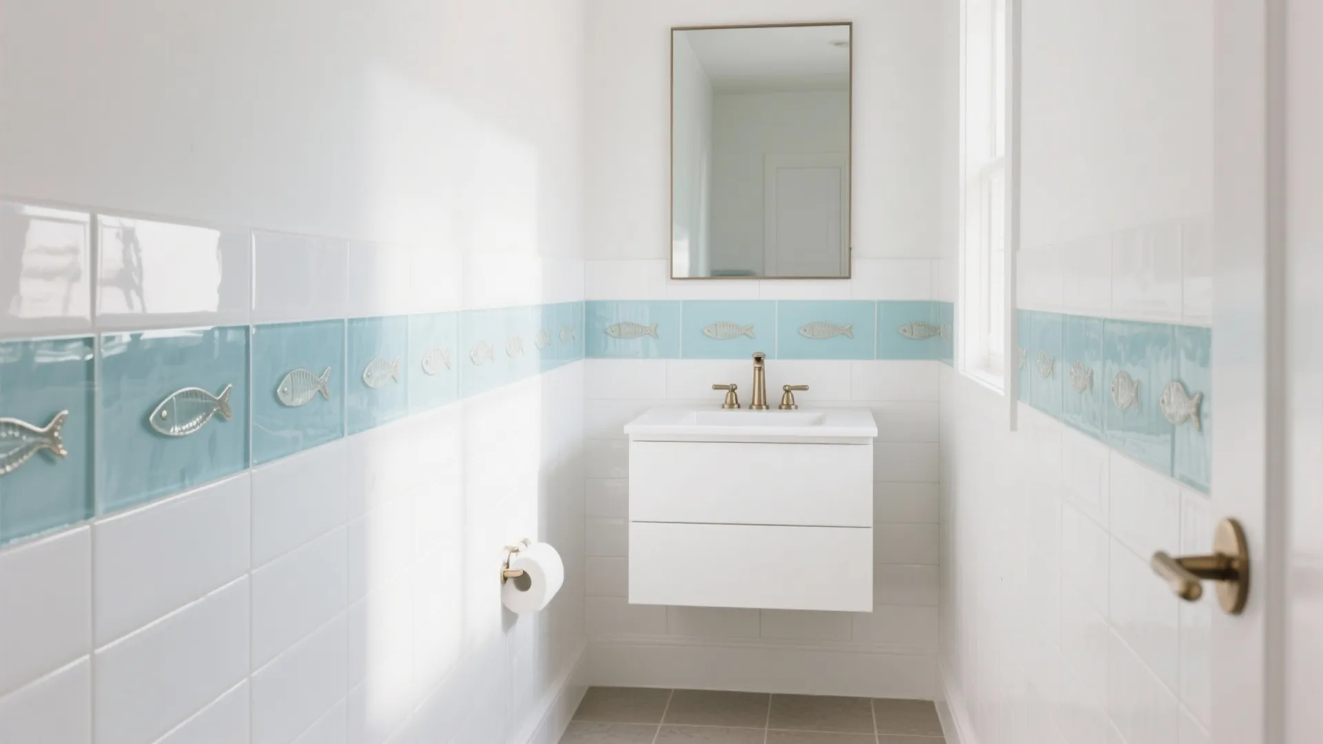 White vanity wall with a thin pale blue fish mosaic band and warm nickel fixtures.