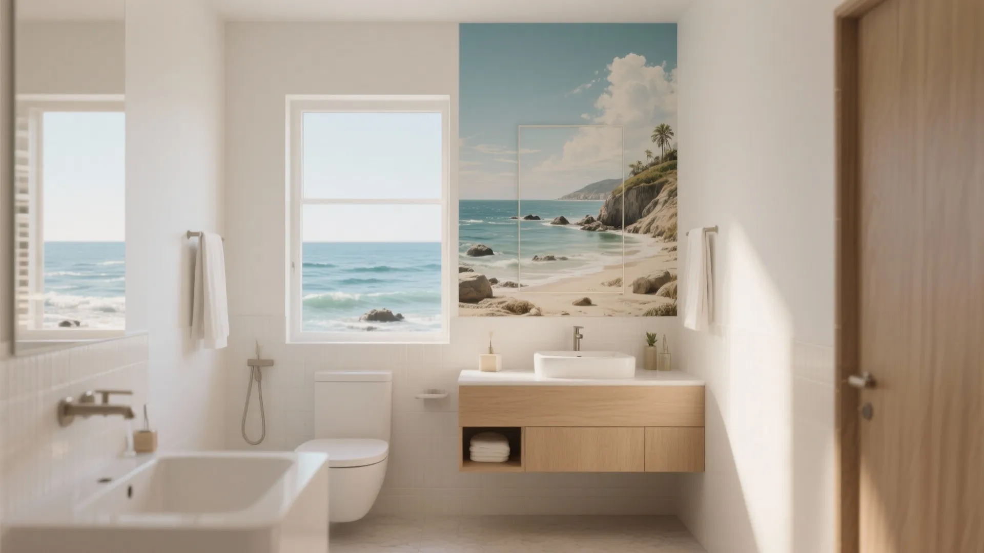 Coastal style bathroom featuring a beach mural wall behind a wooden cabinet with white sink