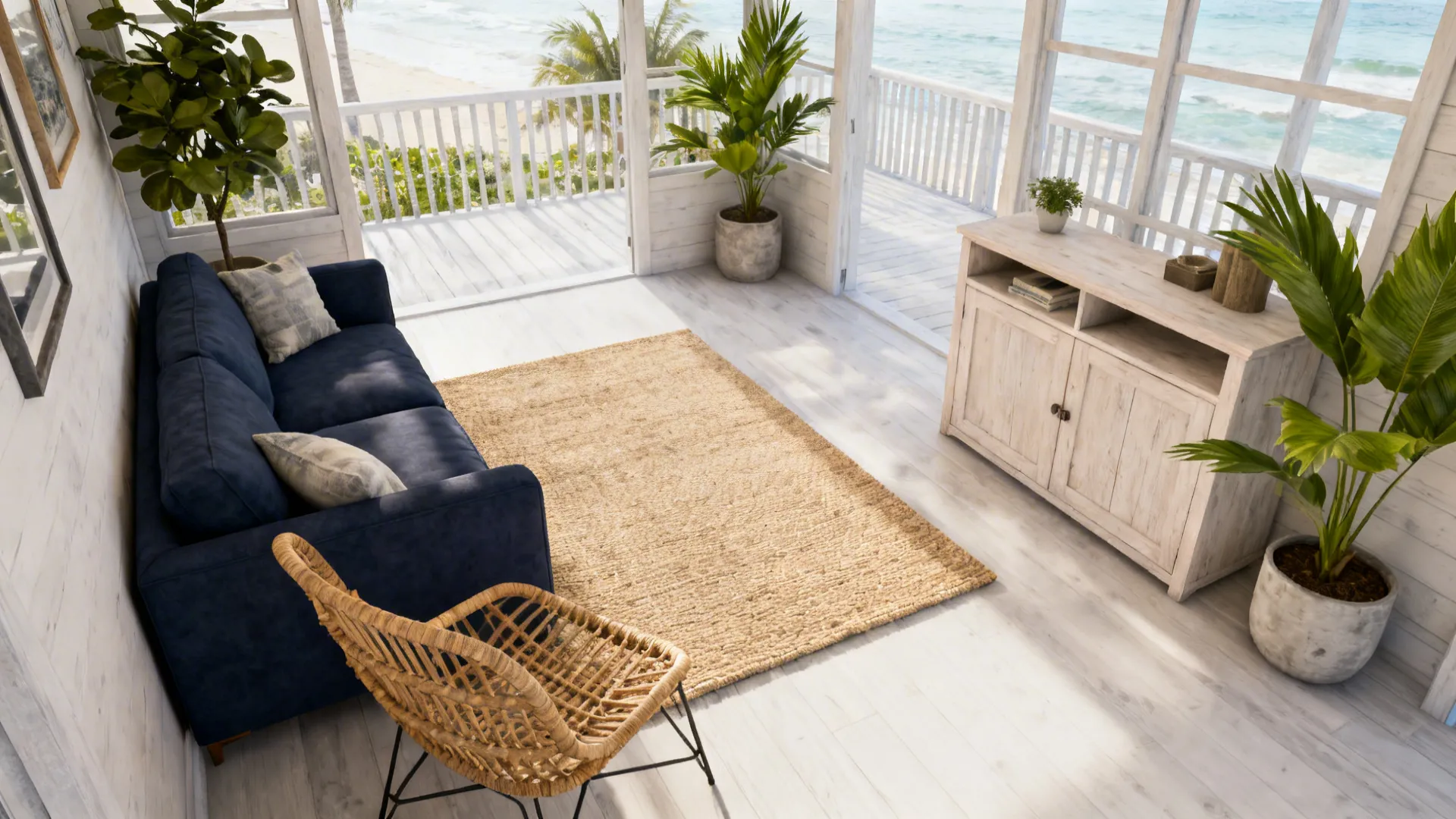 2. Coastal Modern: Navy + Natural Textures