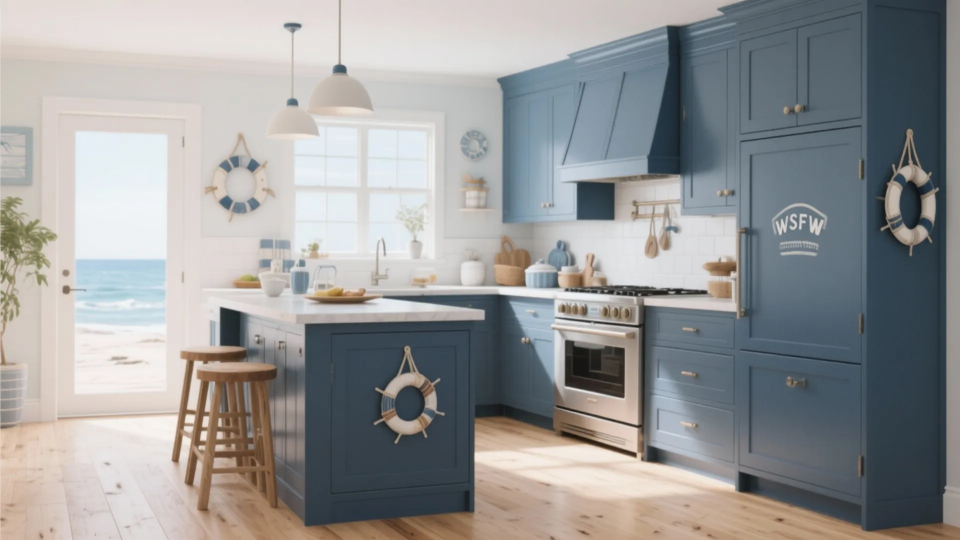 Navy kitchen cabinets with coastal-inspired decor