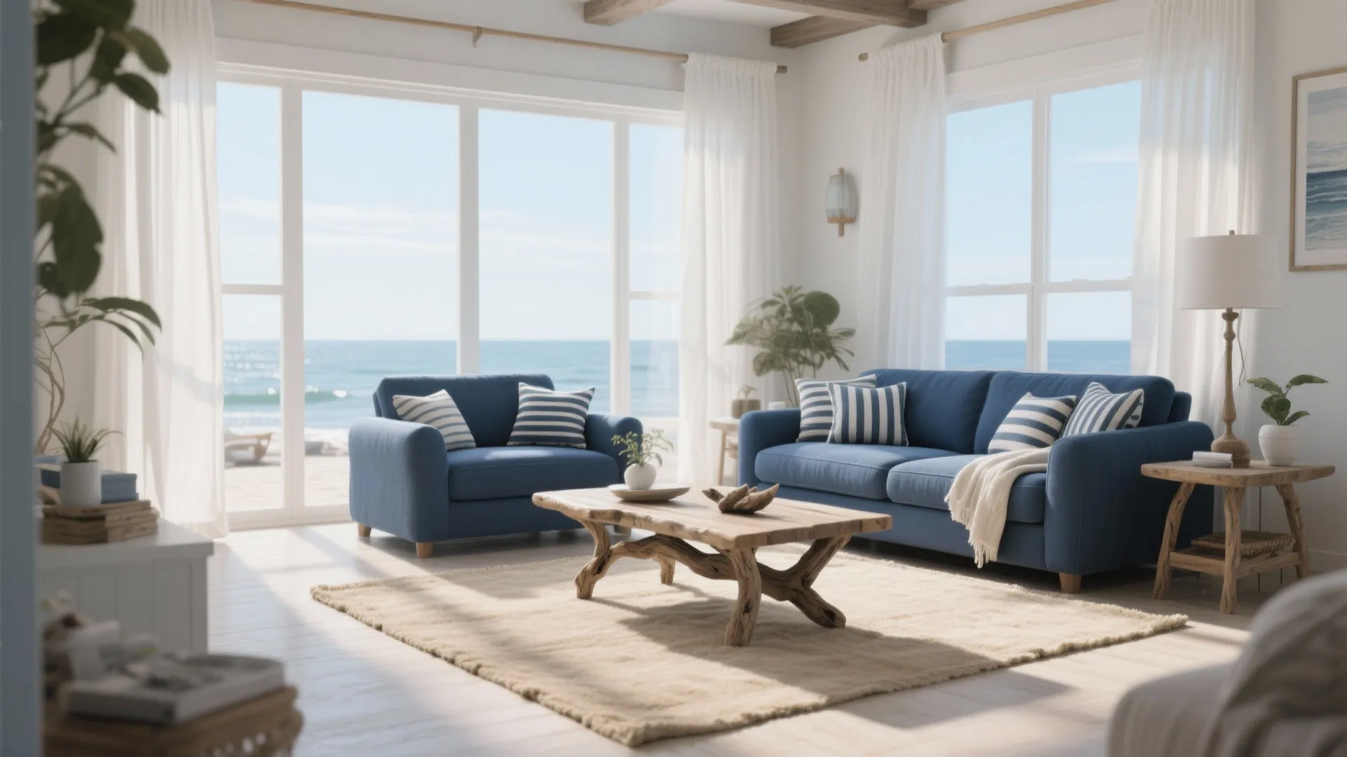 Coastal living room with blue sofas wood coffee table beige rug and large bright windows