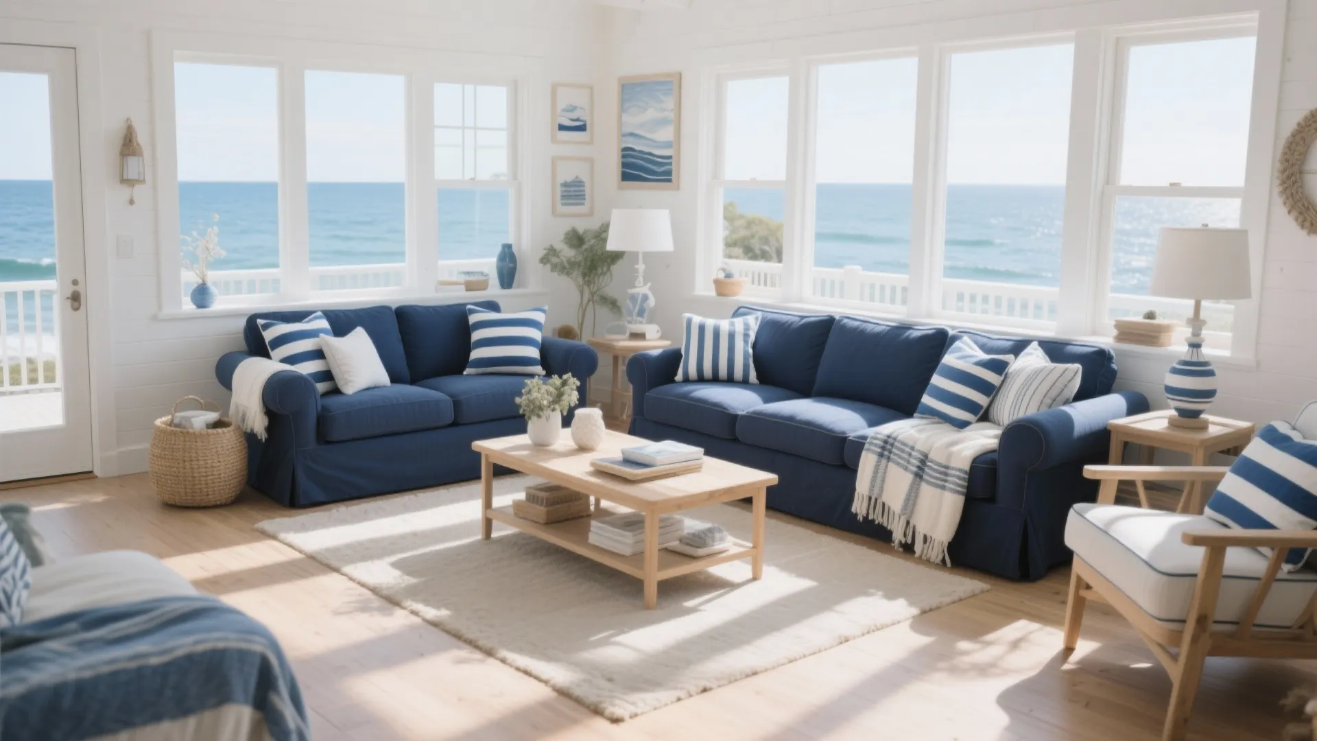 3. Coastal-Inspired Navy Sofa with Striped Cushions