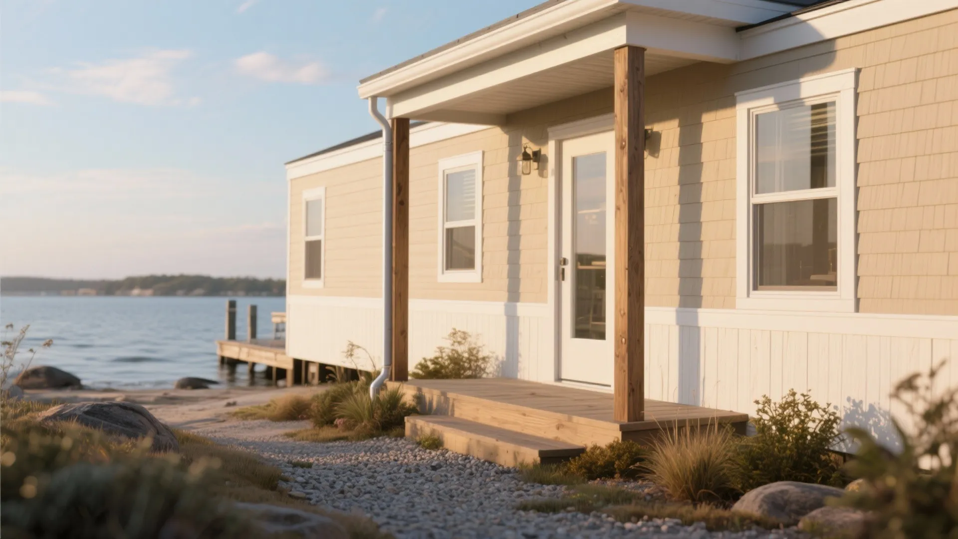 Light yellow beach house with wooden porch beside the calm ocean during a warm sunset