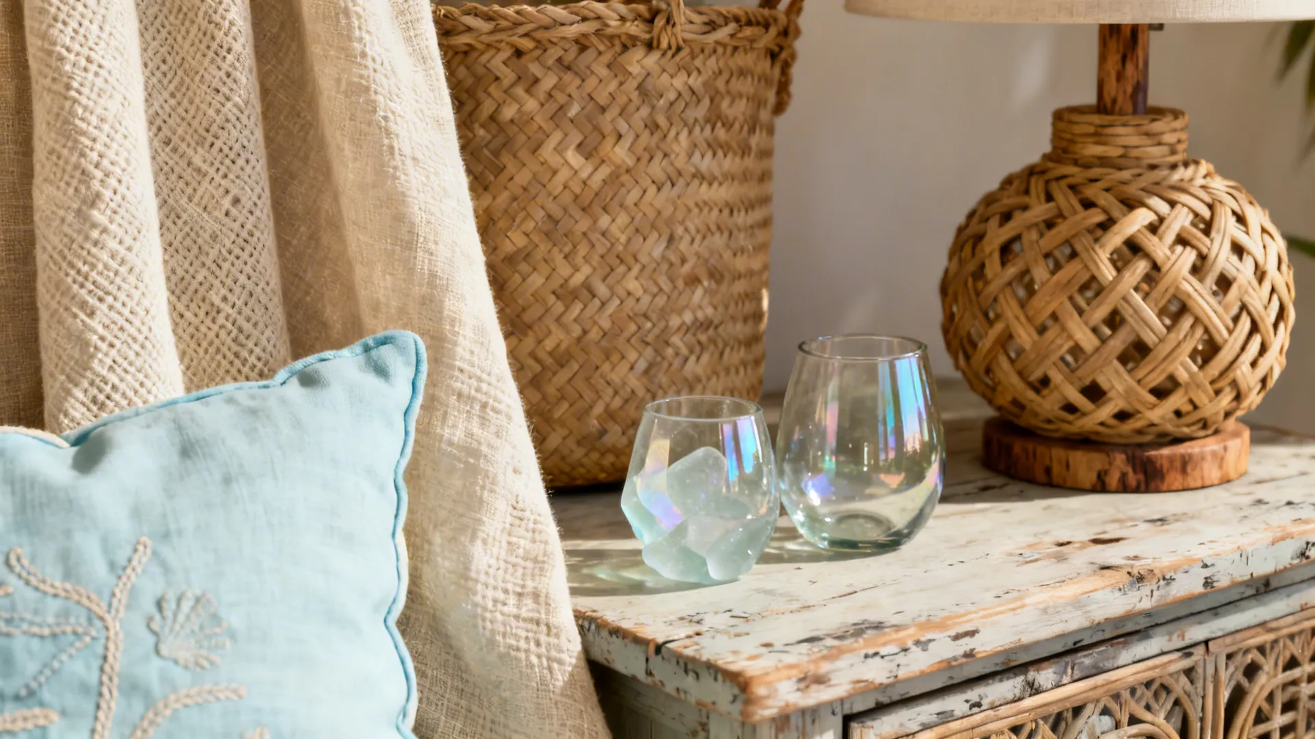 Close-up of beige linen drape, sky-blue pillow, sea-glass and woven basket in a coastal neutral palette.