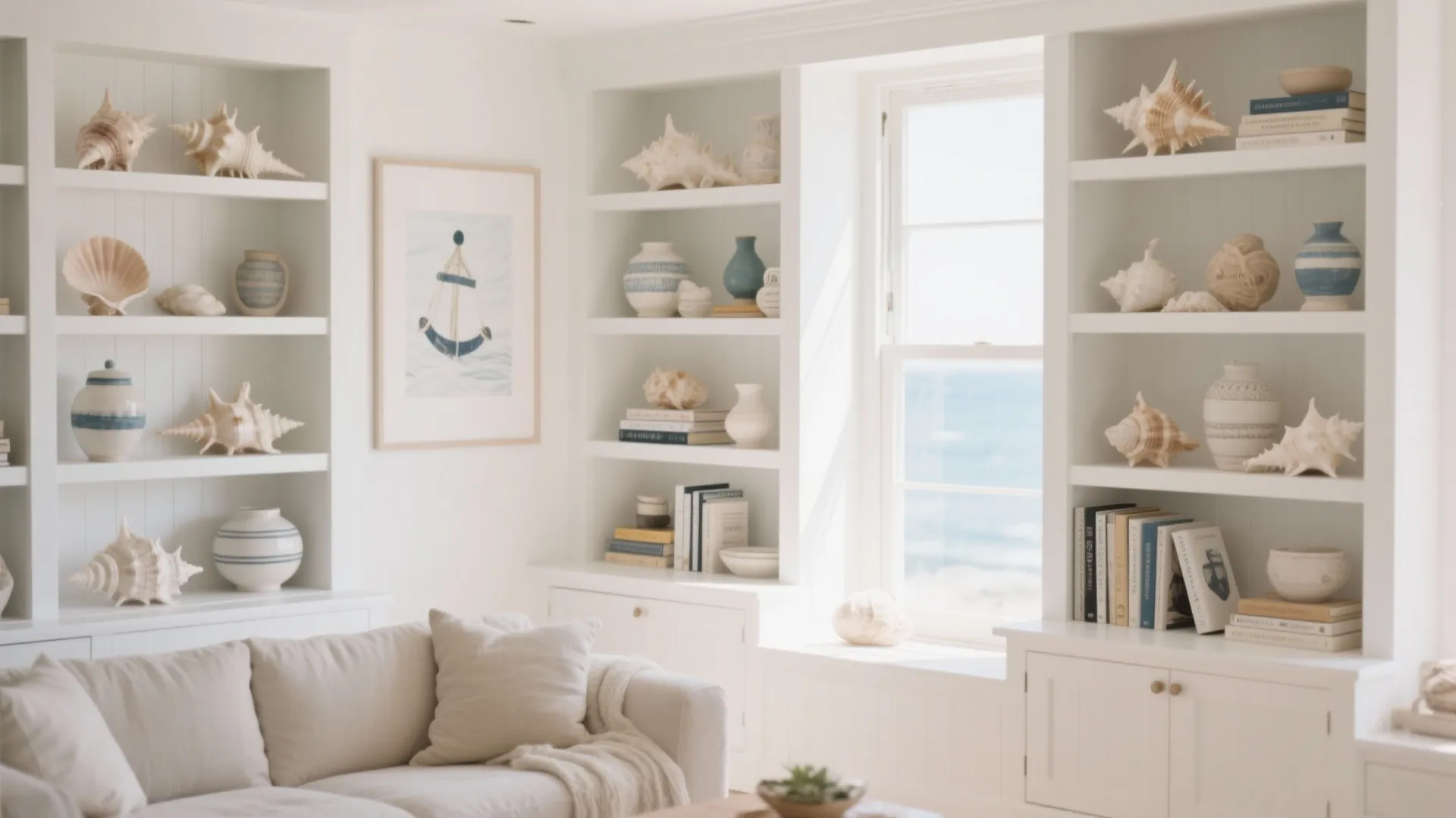 White open shelves with coastal decor items like seashells and blue vases near a sofa
