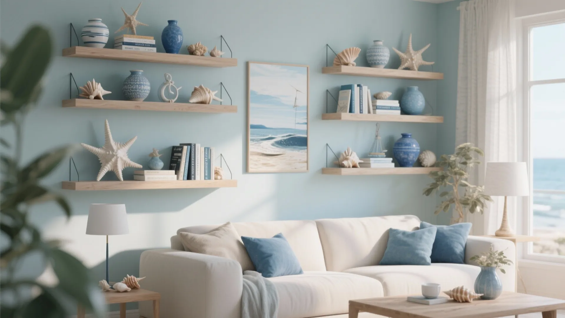 10. Open Shelving with Coastal Decor