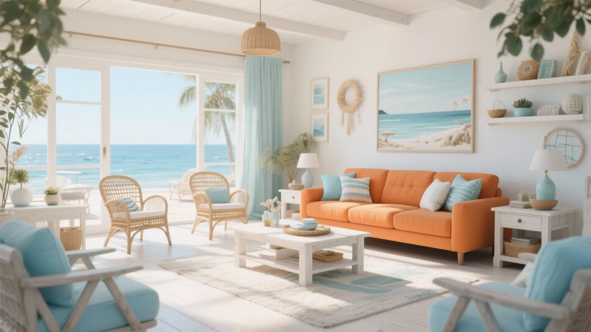 Coastal living room featuring orange sofa, wicker chairs, blue curtains, and view of the ocean