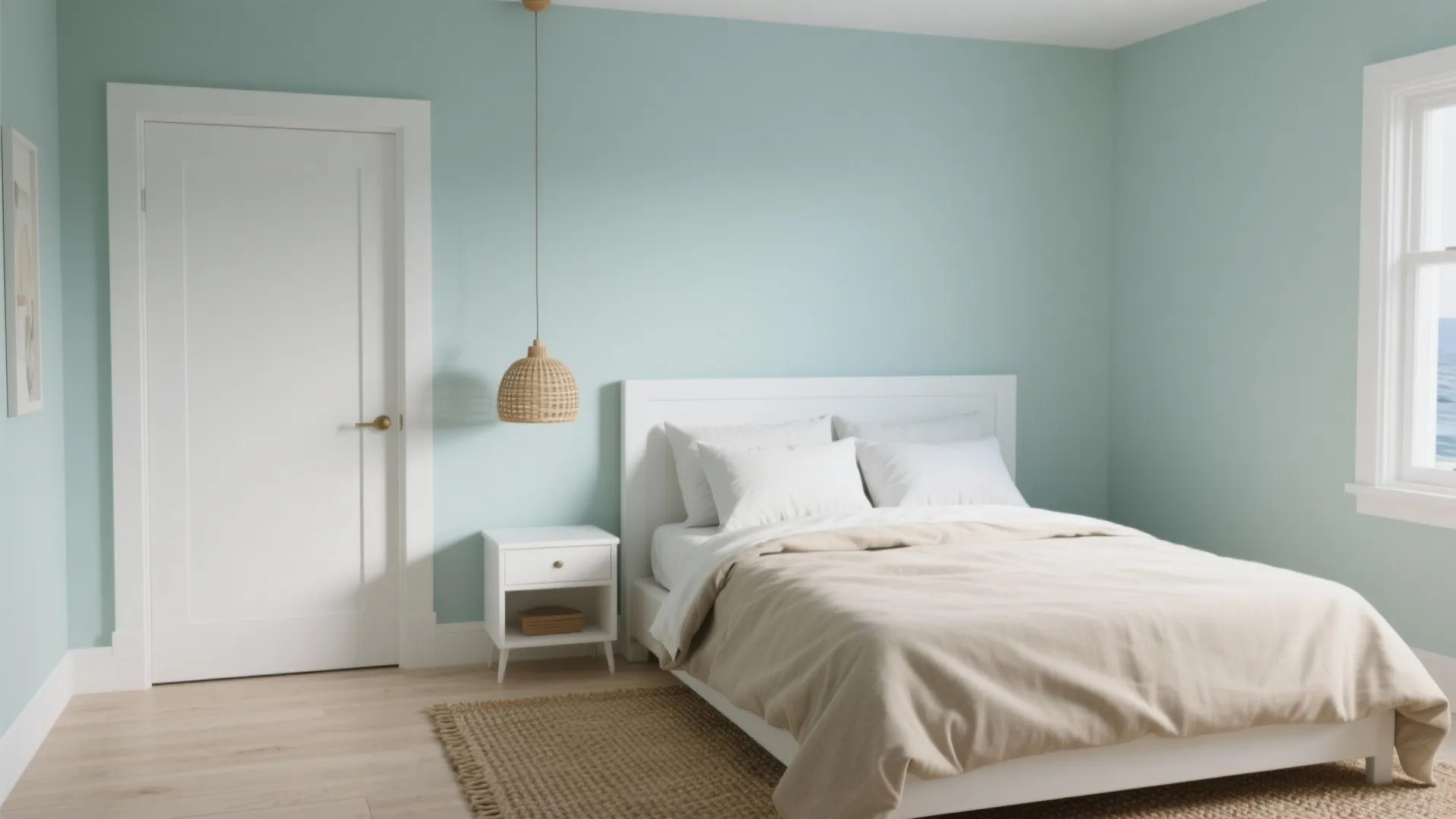 Modern coastal bedroom with light blue walls white bed beige bedding woven rug and ceiling light