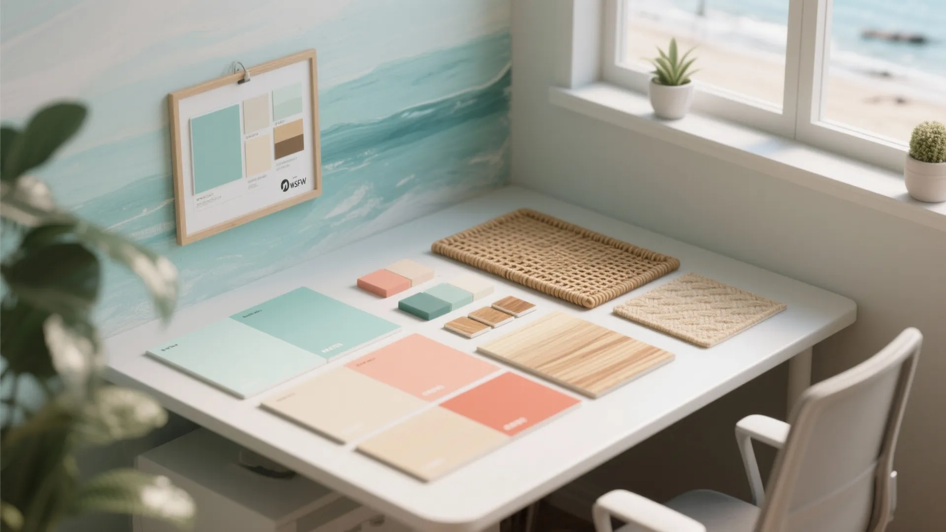 Interior design mood board with color samples wood pieces and fabric on a white desk