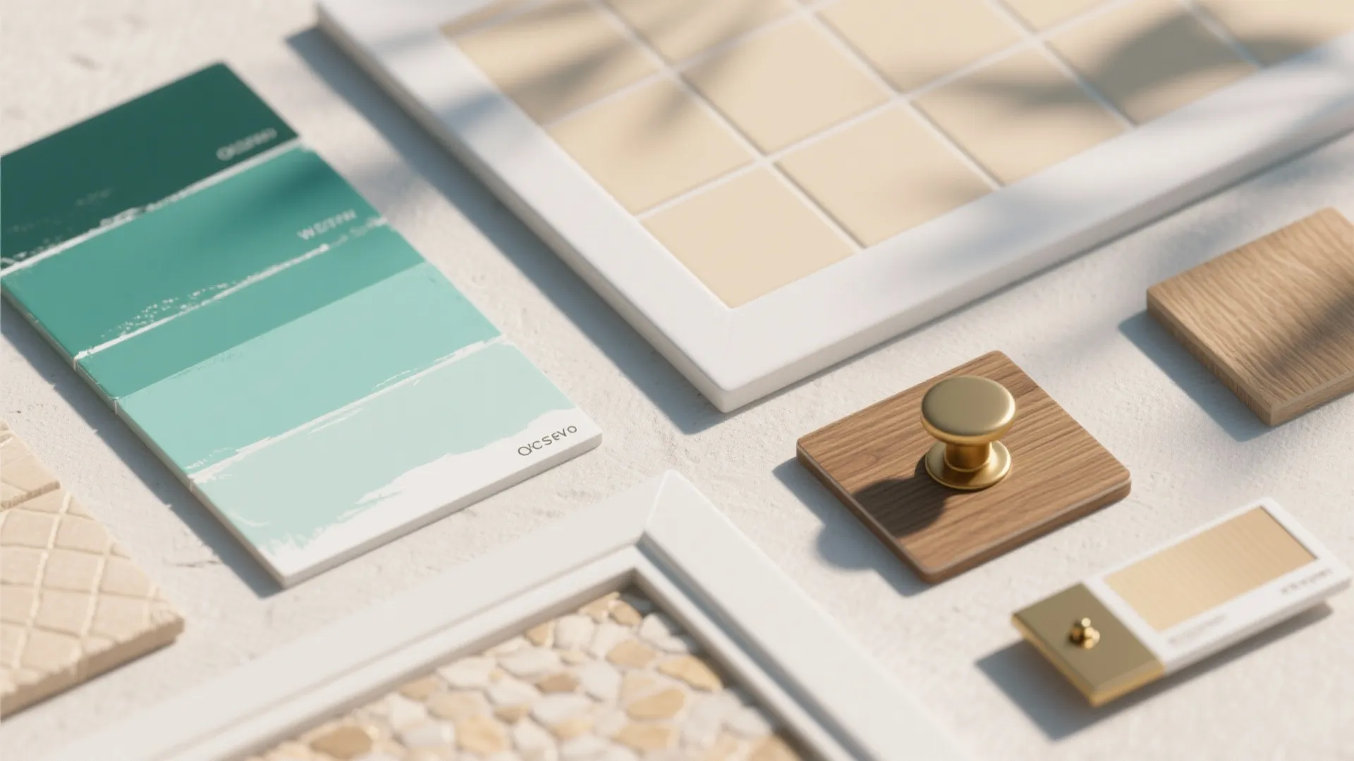 Interior design mood board with teal color swatches wood samples tiles and gold drawer handle