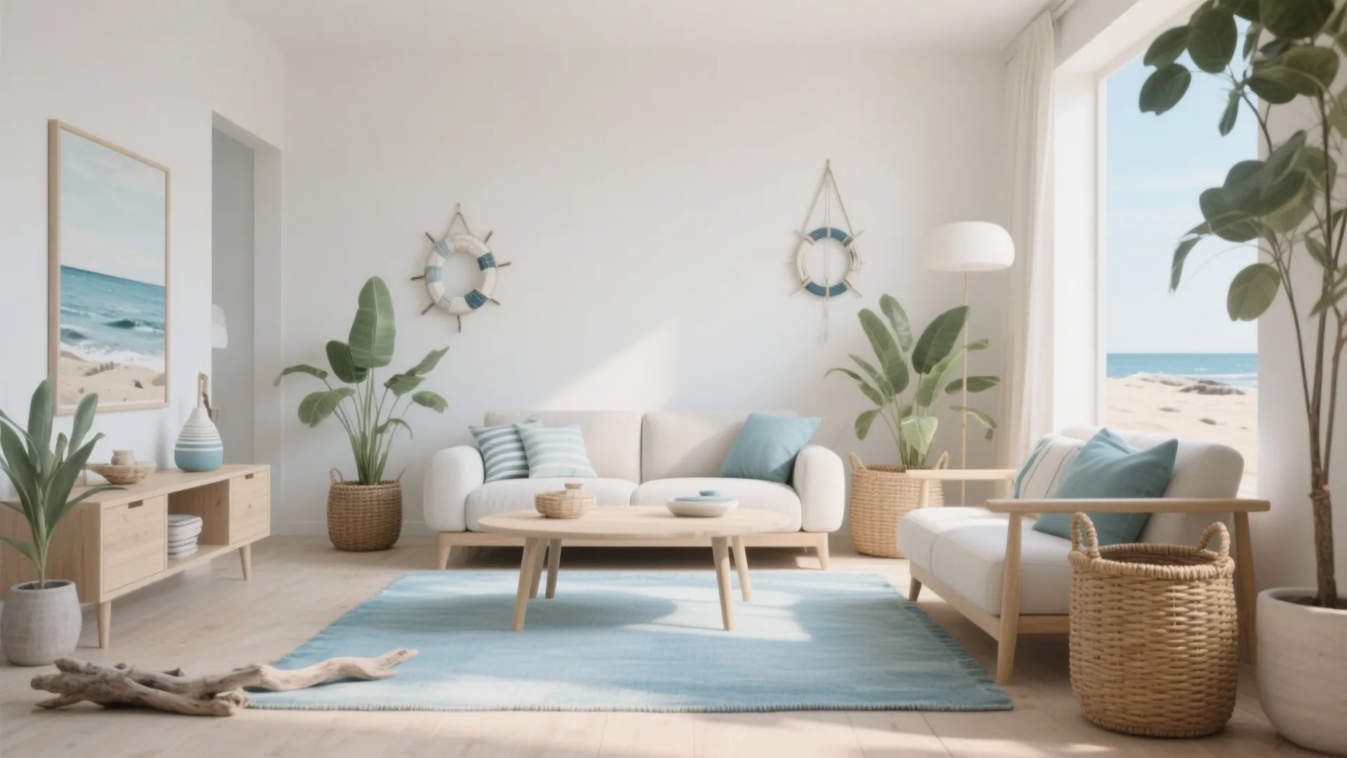 Coastal living room with white sofa blue rug light wood furniture and beach view window