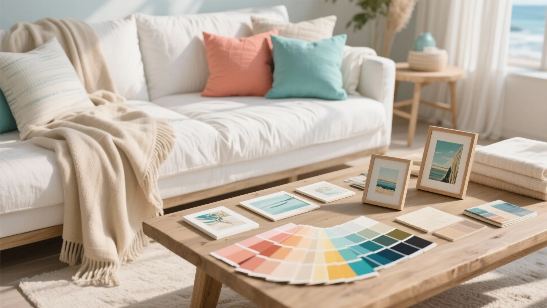 Wooden coffee table with colorful paint swatches and small picture frames near a white sofa