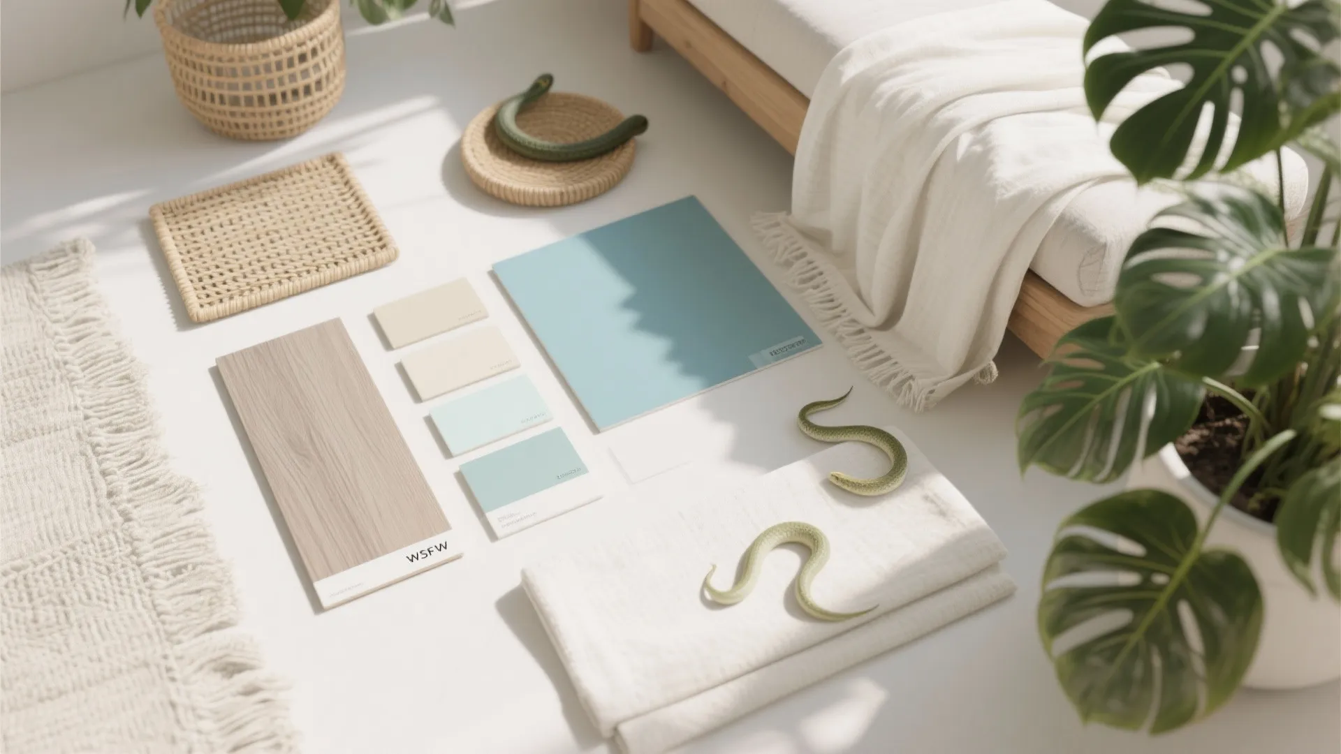 Warm wood textures and indoor greens for coastal comfort