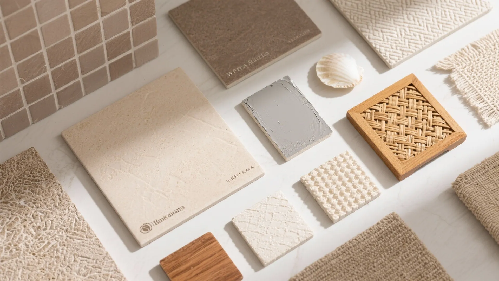 Top-down flat lay of coastal neutral bathroom materials with textured anti-slip porcelain and teak accents.