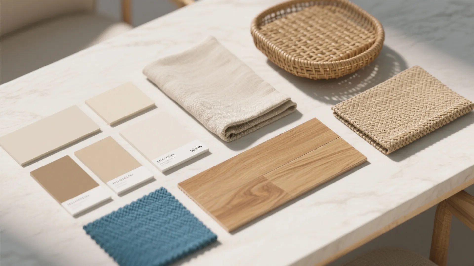 Interior design material board with color samples wood pieces fabric textures and a wicker basket