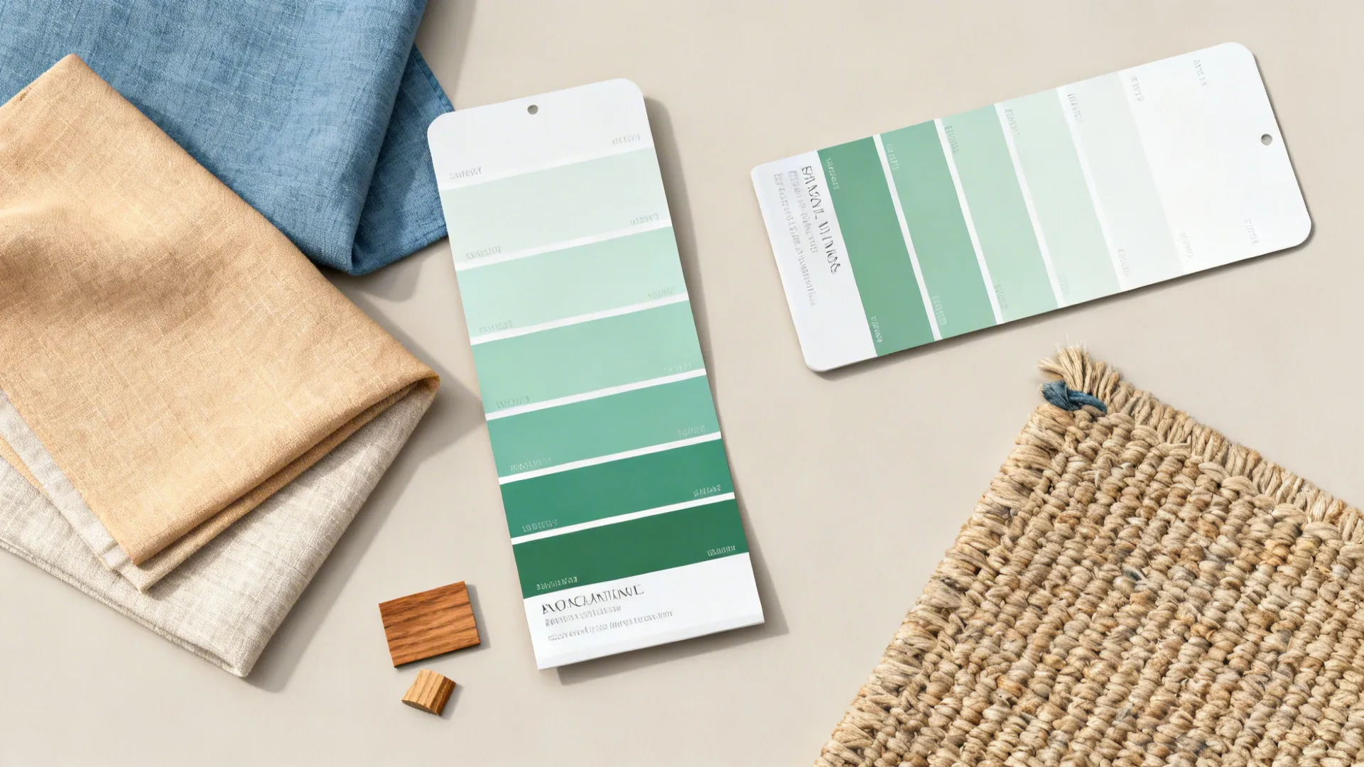 Flatlay of muted blue, beige and sea-glass green paint swatches with linen and wood samples