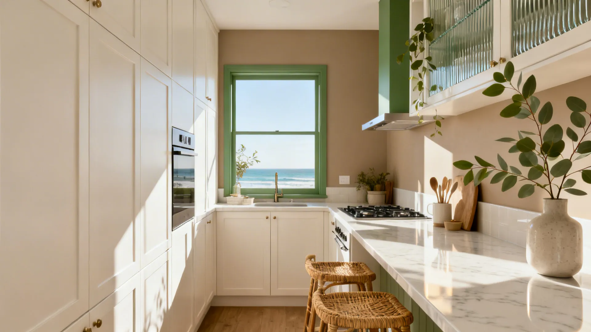 Matte white galley kitchen with sandy taupe and eucalyptus tones reducing glare in strong light.