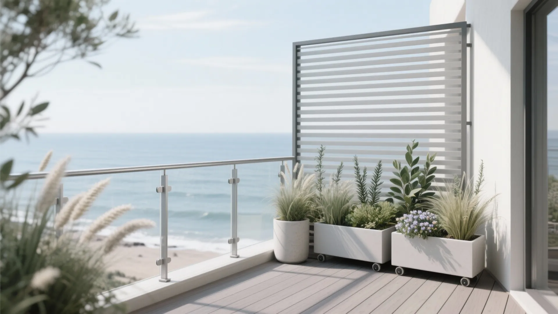 Coastal balcony with white planters on wheels glass railing wooden floor and a privacy screen