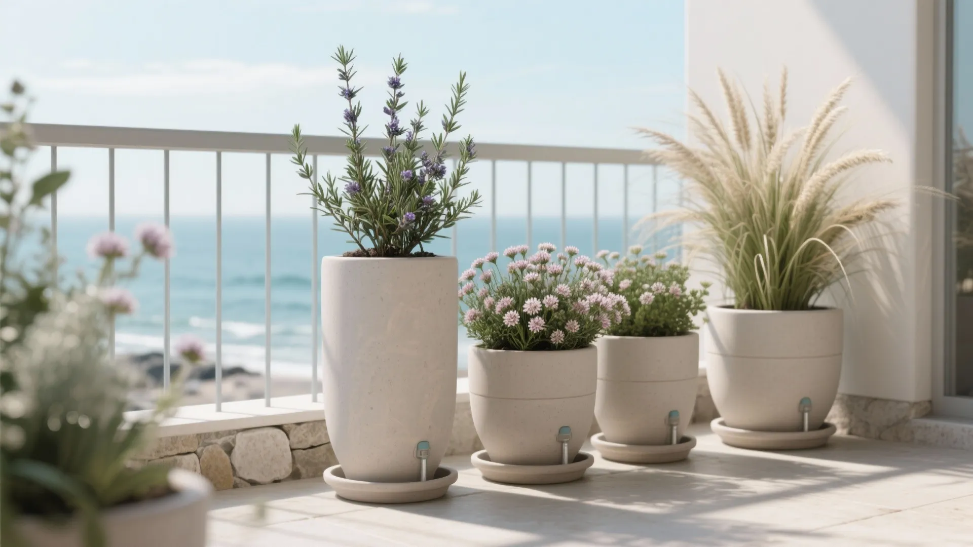 Lightweight planters with native coastal greens