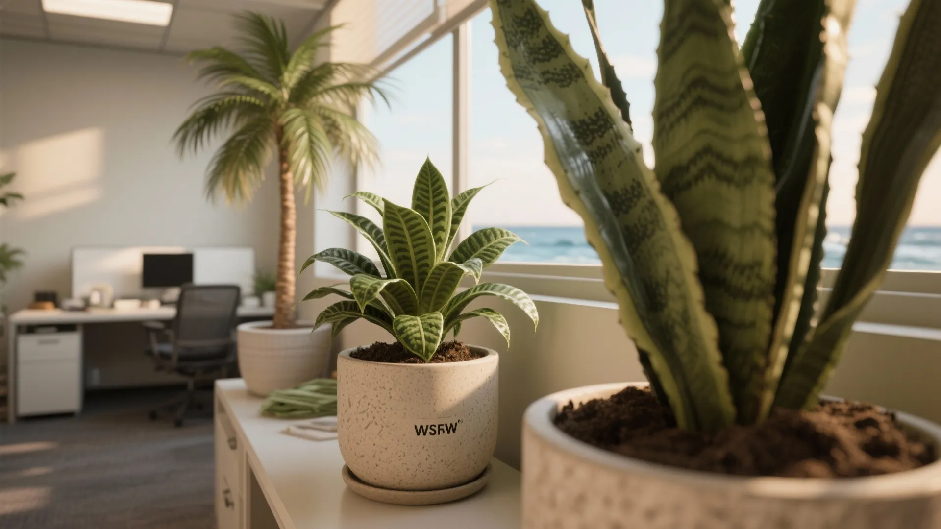 Office interior design with green potted plants on a white desk overlooking the blue ocean