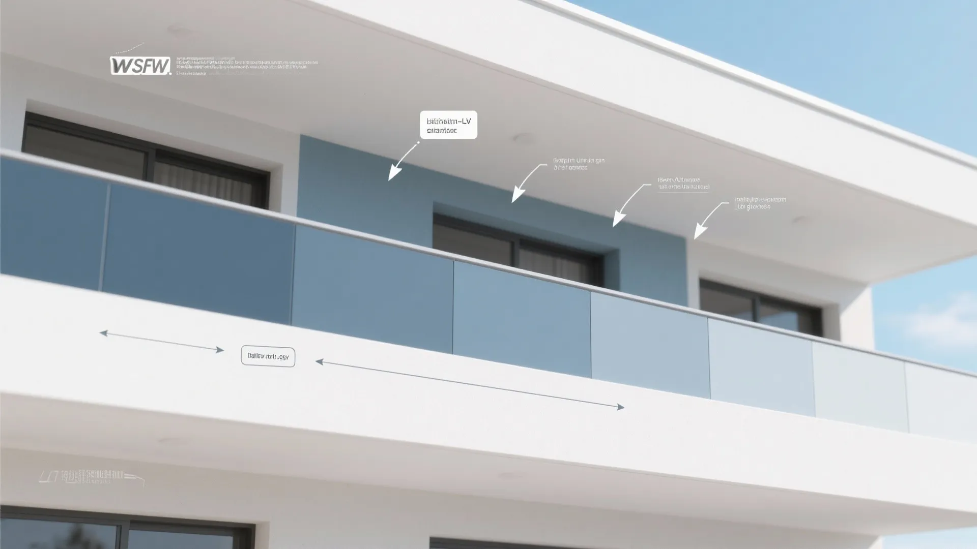 Modern house balcony with blue wall panels and glass railing showing design measurements and arrows