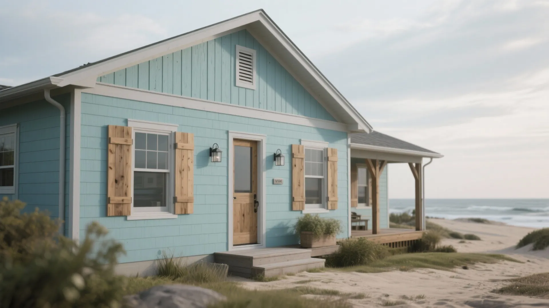 Blue wooden beach house with light wood door and shutters on a sandy coastal beach