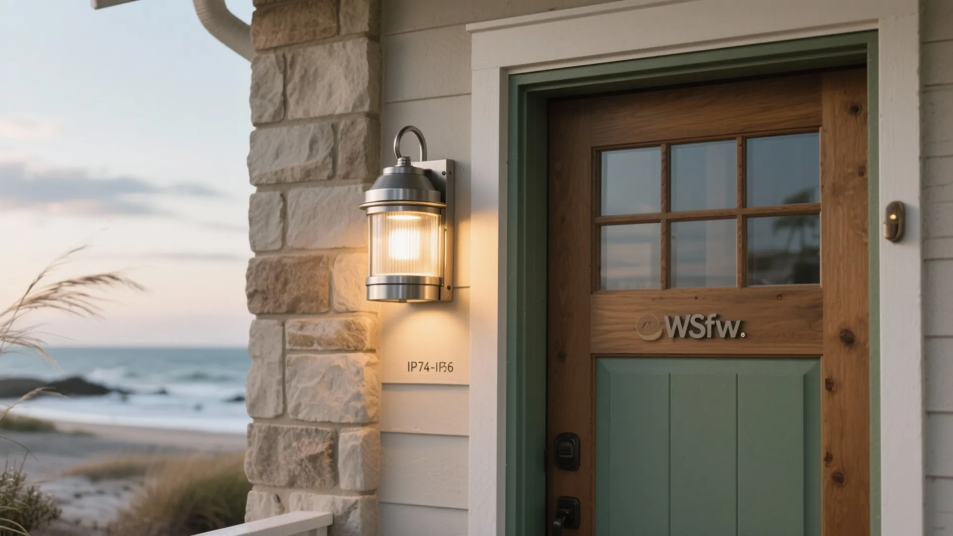 Beach house exterior with stone wall silver wall light wooden door and blue ocean view