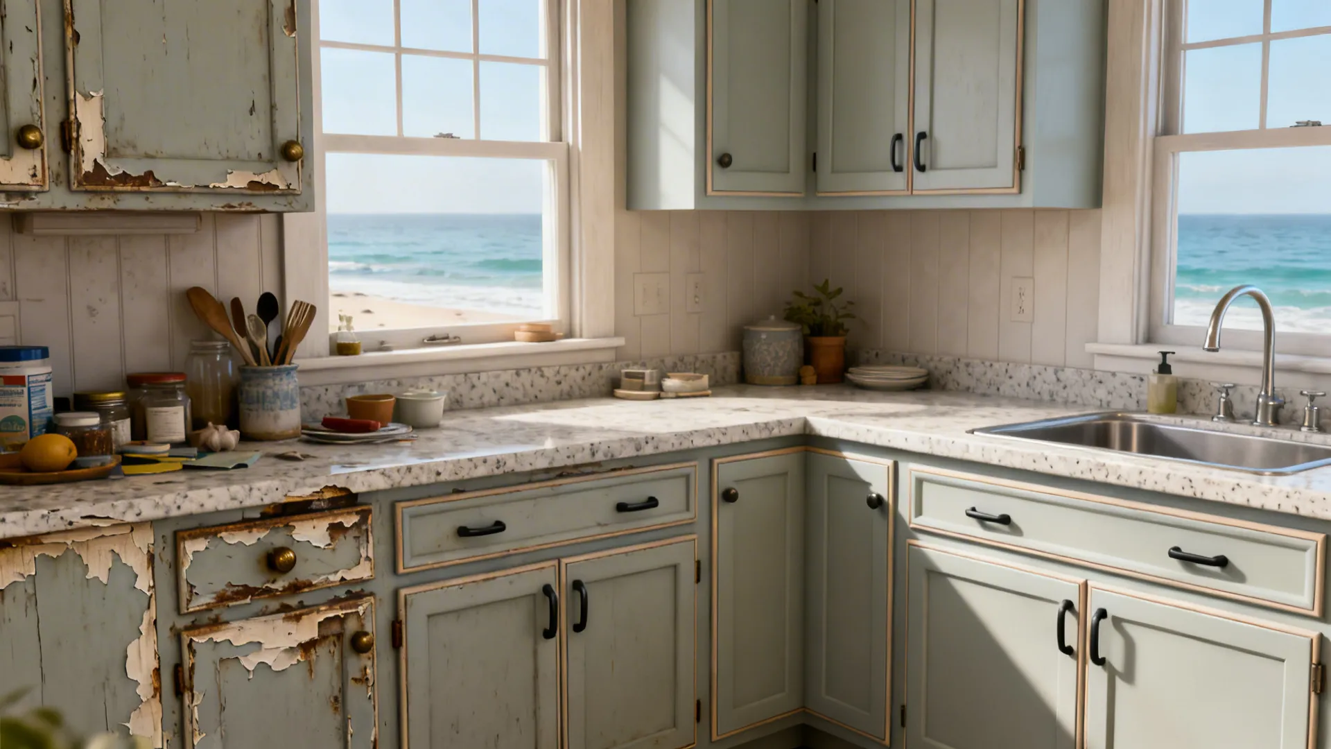 Before-and-after coastal kitchen showing upgraded HPL cabinets, quartz tops, and coated hardware.