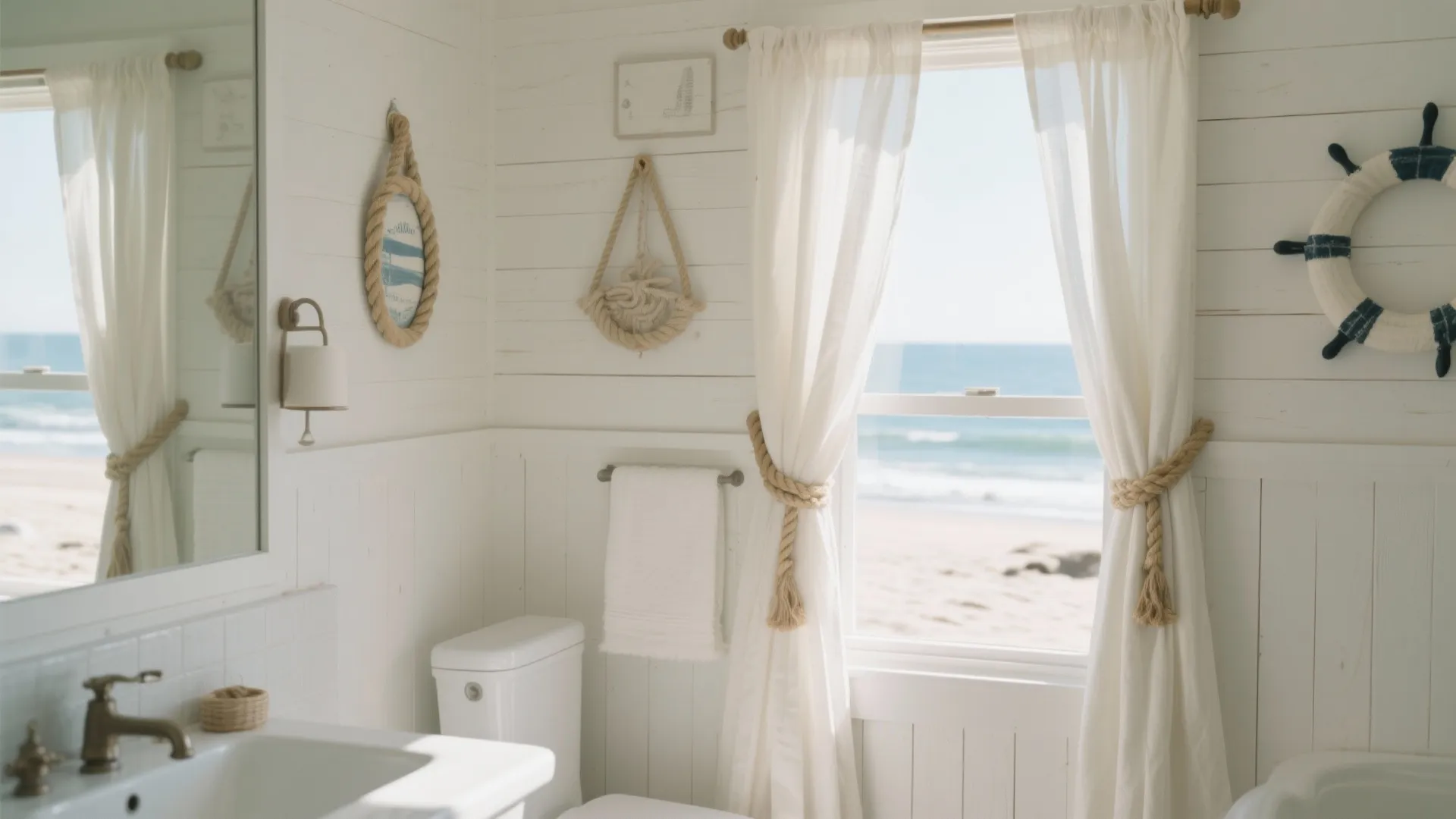 Coastal bathroom with white wood walls, rope decor, linen curtains, and view of the ocean