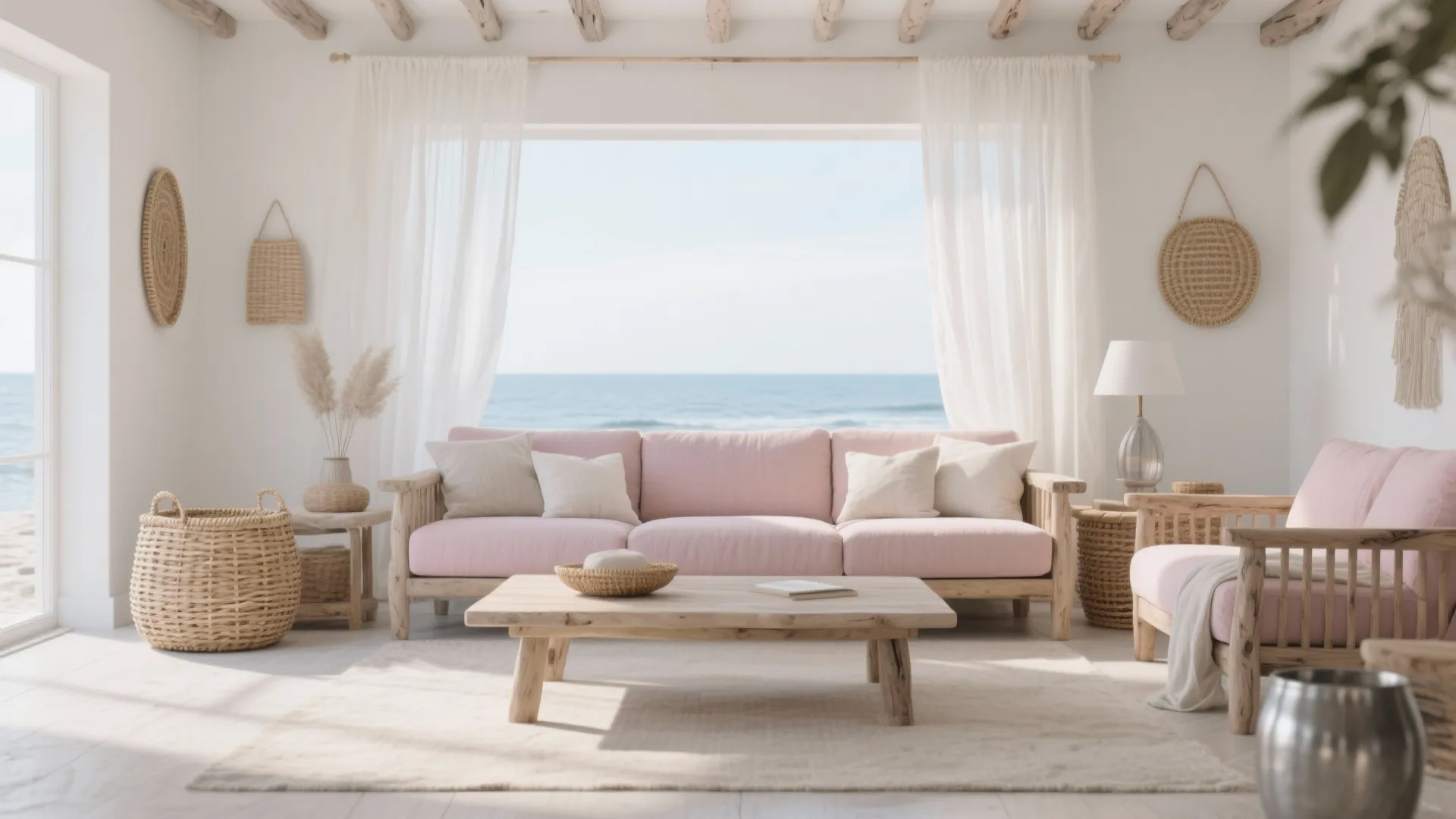 Coastal living room with pink sofa and wooden coffee table looking out to the ocean