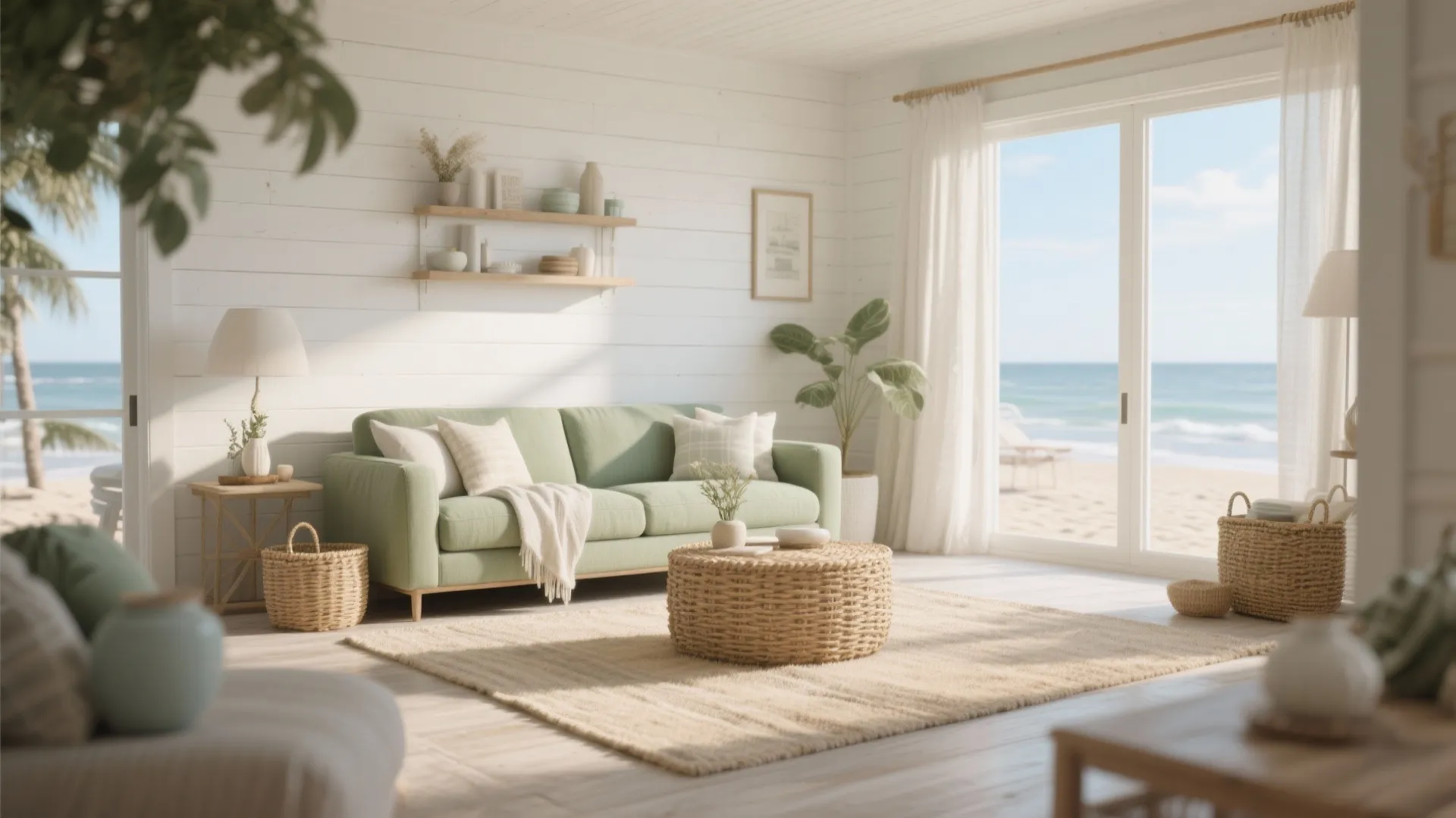 Coastal living room with green sofa woven coffee table and large window overlooking the ocean