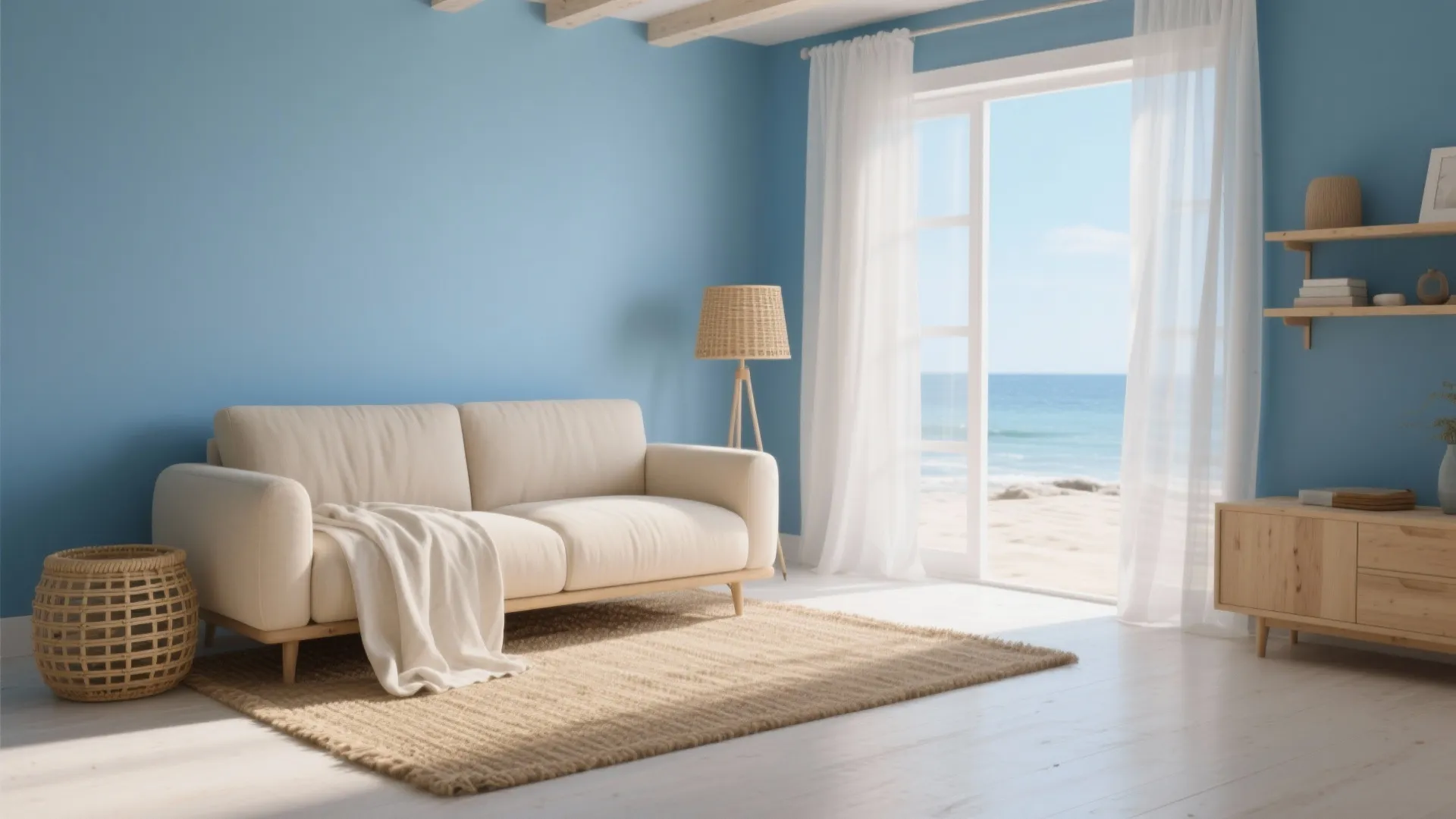 Coastal sky blue with sand neutrals and breezy textiles