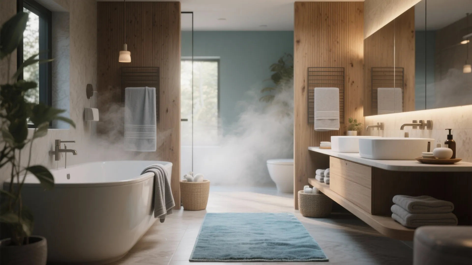 4. Coastal calm: sea-blue rug with warm gray accents