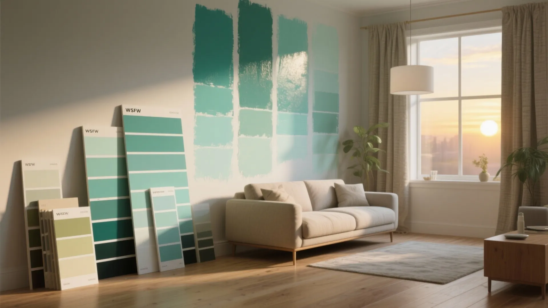 Living room showing large sea-glass green paint swatches on the wall with sample boards and natural light variations.