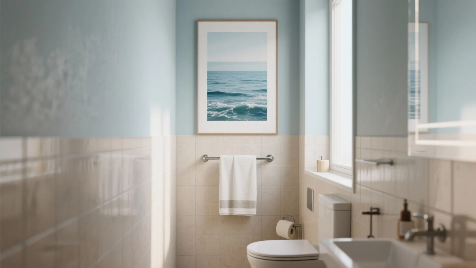 Modern bathroom with blue walls tan tiles white toilet and a framed ocean waves picture