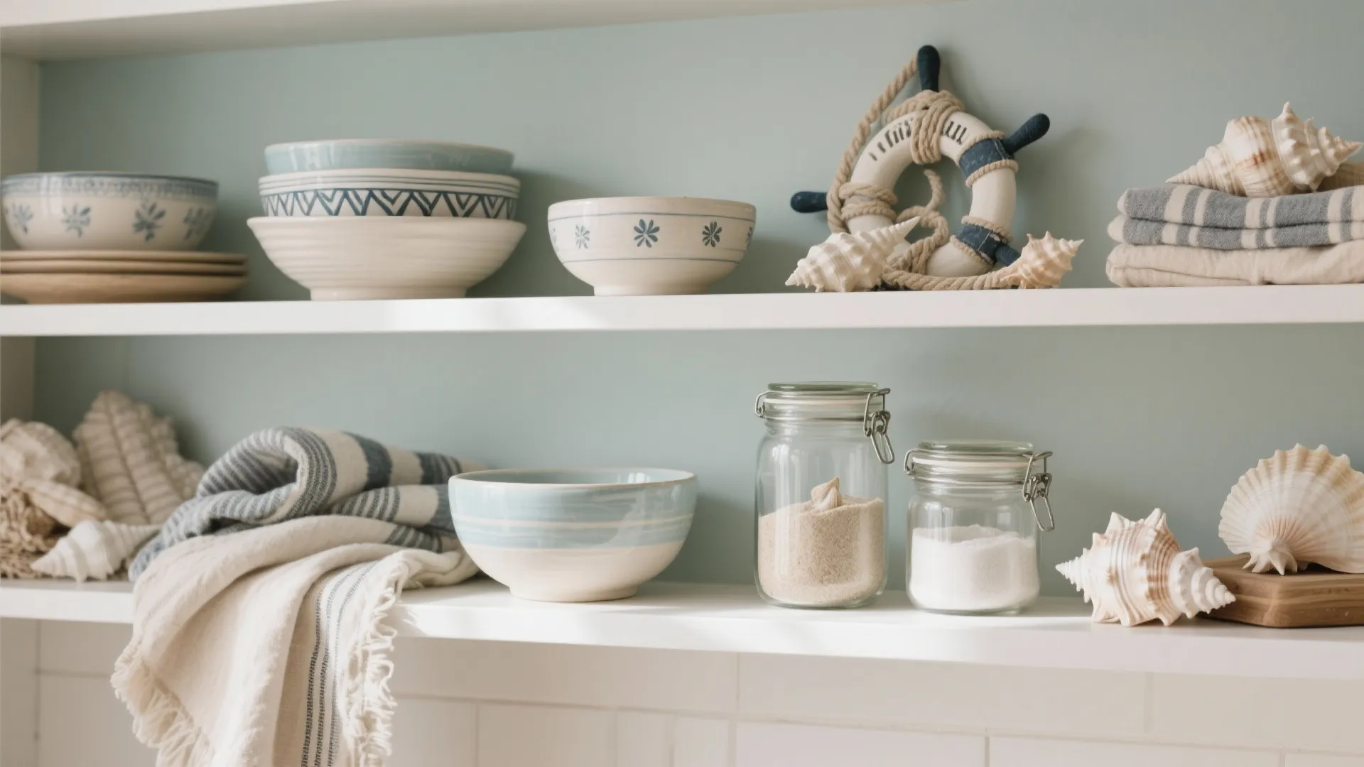 White open shelves holding blue and white bowls sea shells glass jars and folded towels