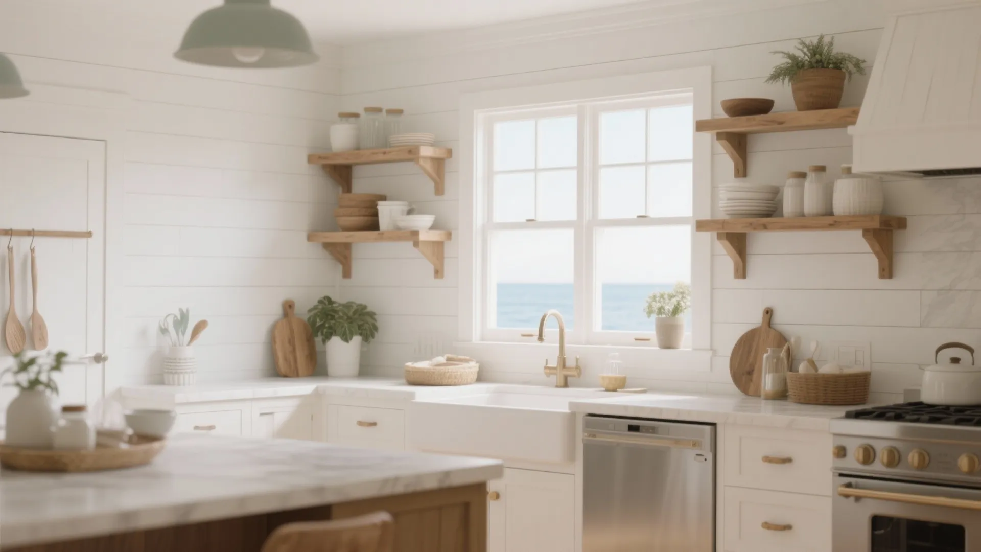 Bright coastal kitchen with white wall panels open wooden shelves sink window and ocean view