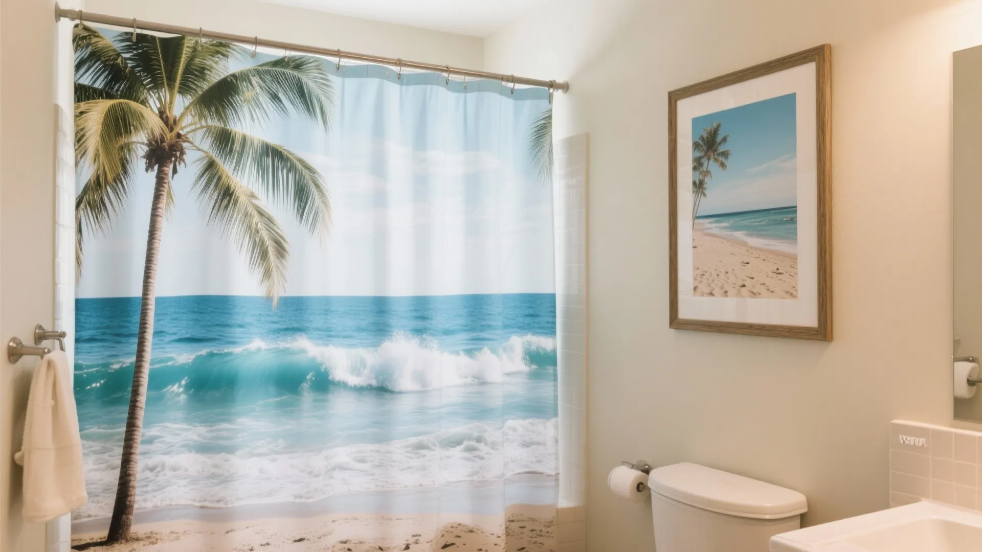 Bathroom with ocean-themed shower curtain and framed beach art