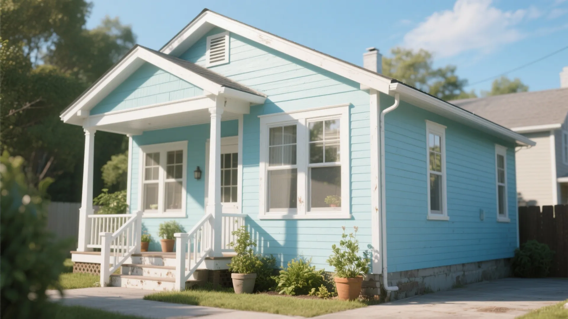 Small light blue house with white porch and green plants under a clear blue sky