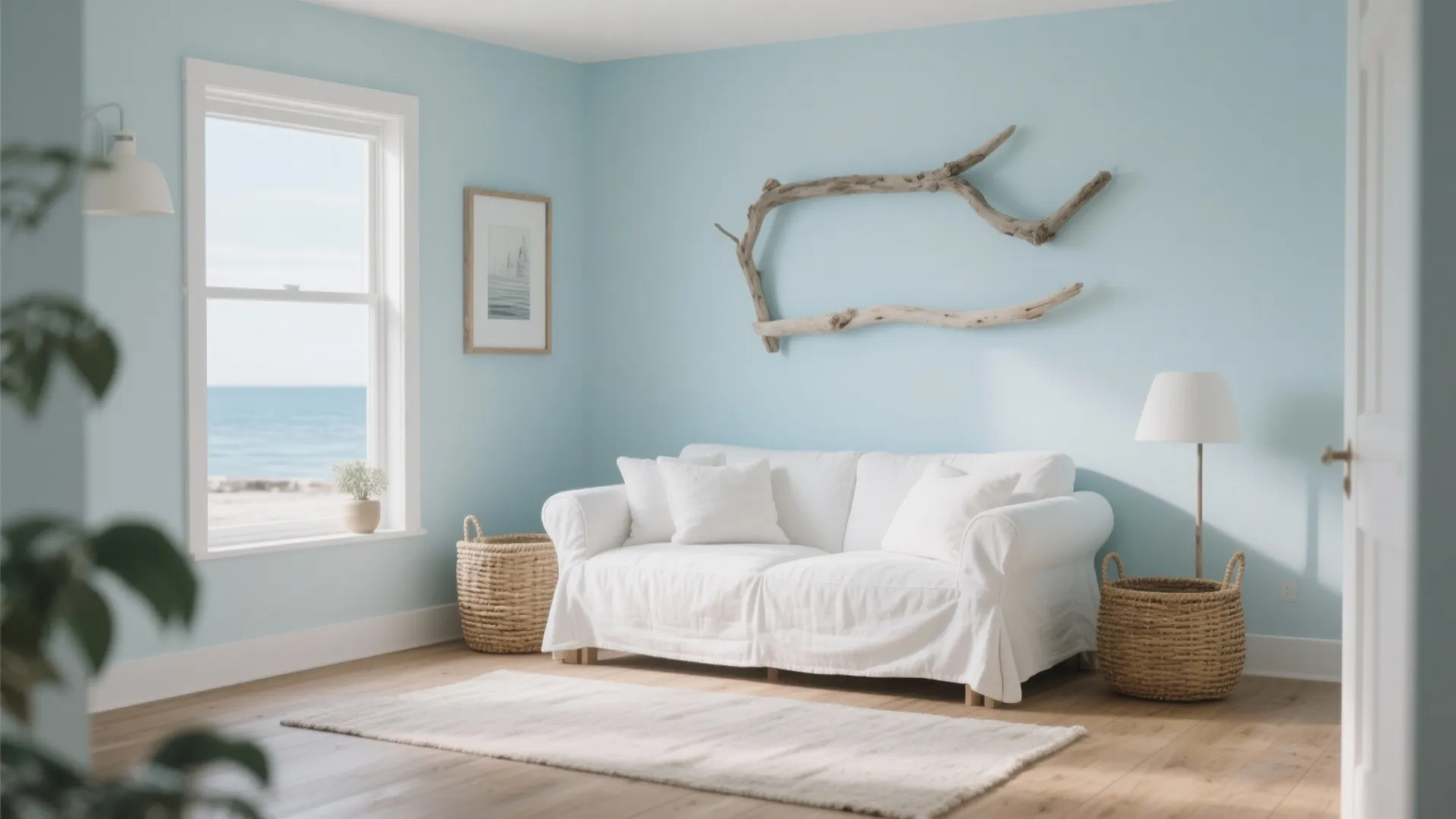 Coastal living room with light blue walls white sofa wooden floor and branch wall decoration